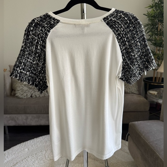 Maje Tiacou Tweed Sleeve Tee White and Black Top Size 3 Large - Picture 6 of 11